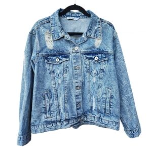 Denim Jacket Womens Distressed Blue Jean Button Up Size Large